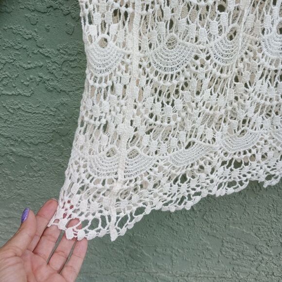 NWOT FORGOTTEN GRACE 100% Cotton Knit Cream Long Sleeve See-Thru Lace Up Top M - Picture 6 of 8